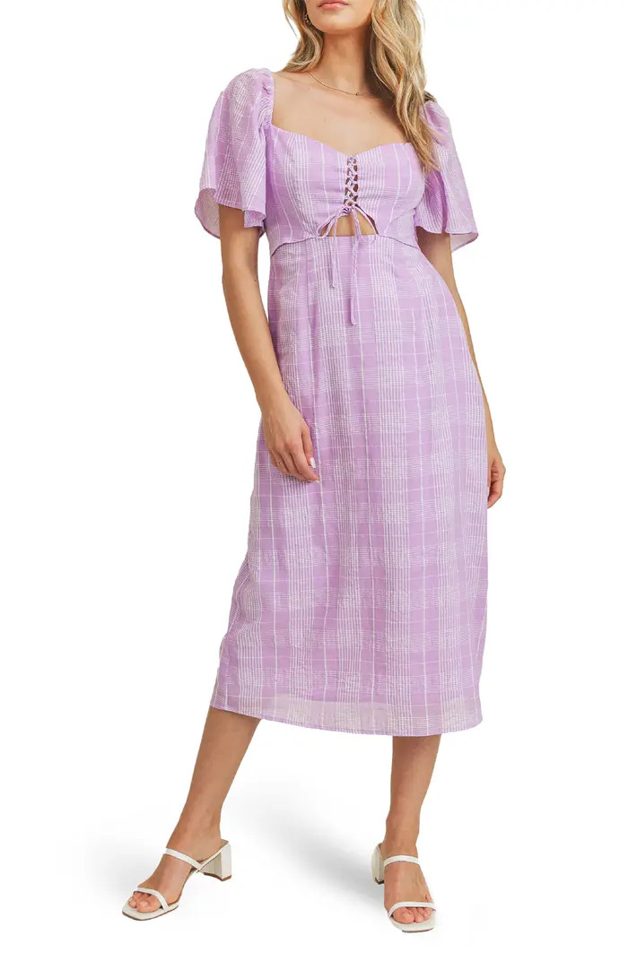 LUSH Flutter Sleeve Lace-Up Cutout Midi Dress | Nordstromrack | Nordstrom Rack