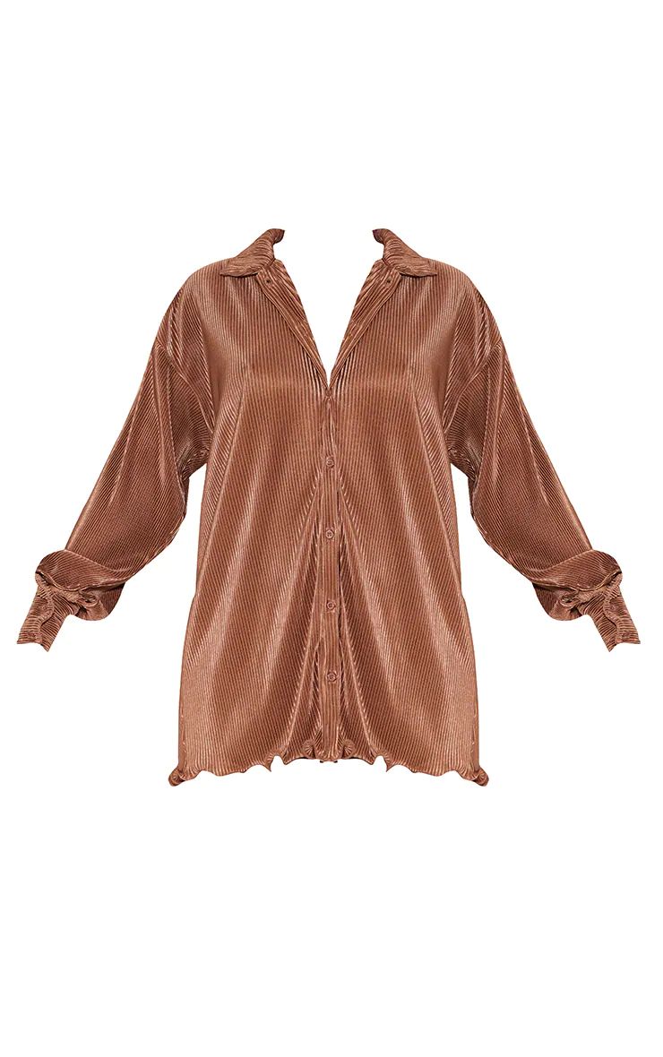 Chocolate Plisse Frill Hem Shirt Dress | PrettyLittleThing US