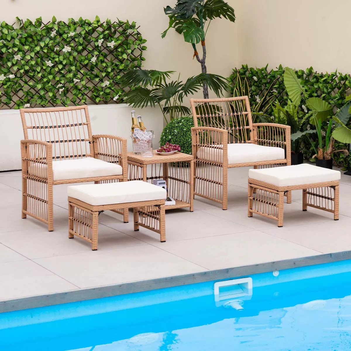 Costway 5 Piece Patio Rattan Wicker Conversation Set with 2-Tier Coffee Table & 2 Ottomans | Target
