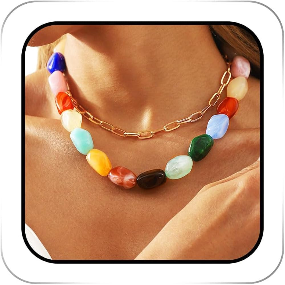 ACEDRE Colorful Statement Gemstone Necklace Chunky Layered Beaded Choker for Women | Amazon (US)