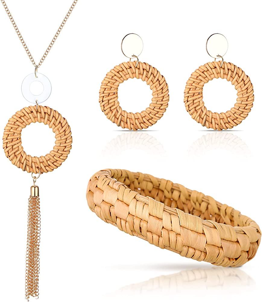 Yinkin 3 Pcs Rattan Necklace Earrings Bracelet Set Includes Dangle Earring Handmade Wicker Braid ... | Amazon (US)