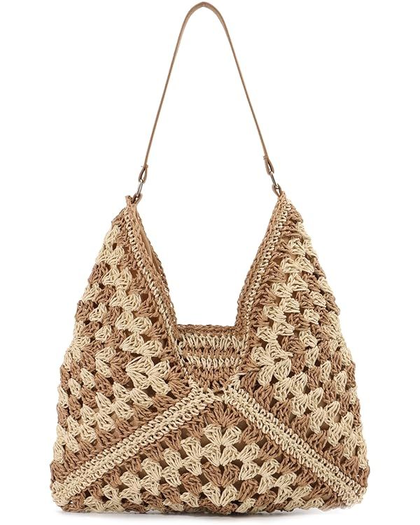 Straw Hobo Bag for Women Summer Crochet Bag Straw Beach Bag Woven Shoulder Bag Straw Tote Bag | Amazon (US)