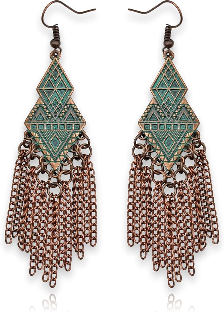 Vintage Country Western Jewelry for Women: Dangle Boho Turquoise & Bronze Patina Earrings with Lo... | Amazon (US)
