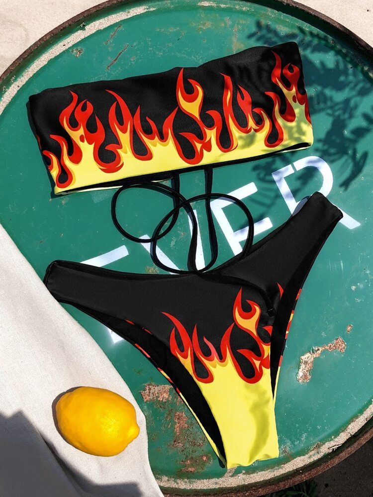 Fire Print Bandeau Bikini Swimsuit | SHEIN