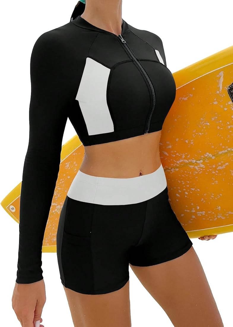 MakeMeChic Women's 2 Piece Bathing Suits Color Block Long Sleeve Zip Front Swim Top High Waisted ... | Amazon (US)