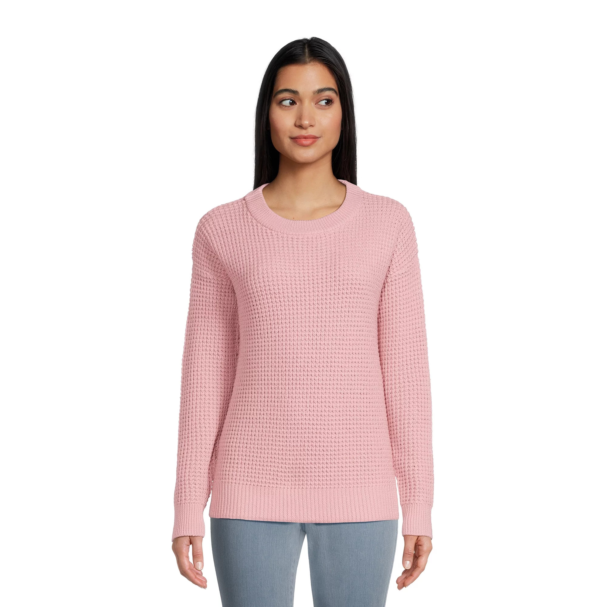 Time and Tru Women's Long Sleeve Waffle Crewneck Pullover Sweater | Walmart (US)