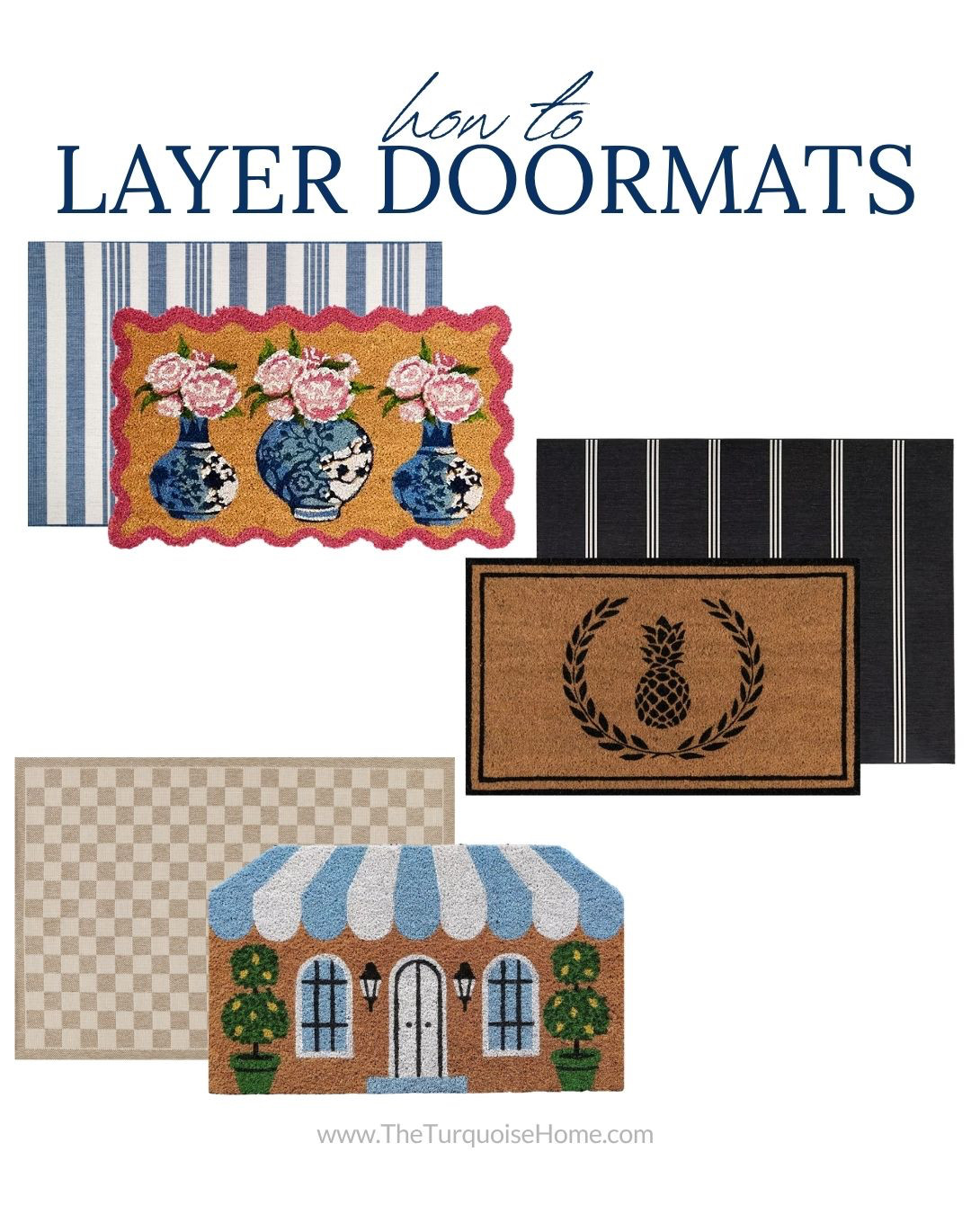 One of my favorite front porch decorating tricks is layering a smaller doormat over a larger outdoor rug. A classic black-and-white striped rug adds contrast and texture, while a neutral woven rug creates a softer, more relaxed look. This simple layering technique instantly makes your porch feel more styled and intentional. 

 #LTKSeasonal #LTKHome