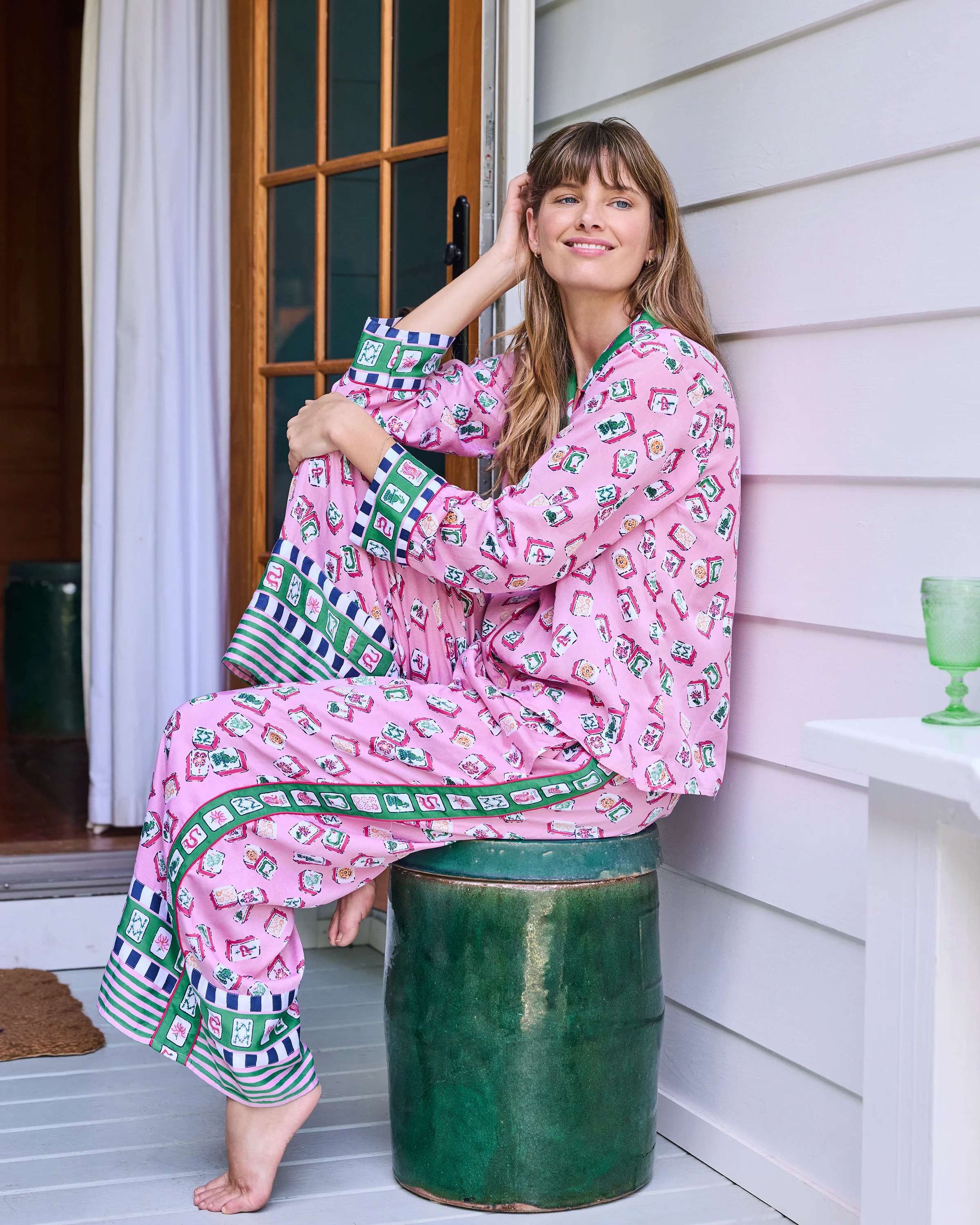 Eco Silky Long Pajama Set in Lucky Tiles | Women's M | Pink | | Printfresh