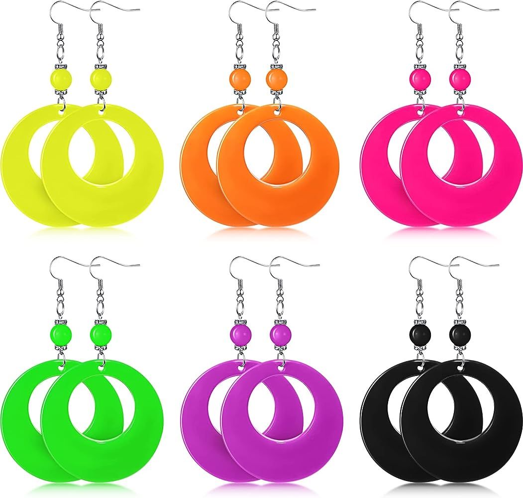 6 Pairs 80s Neon Earrings for Women Lightning Circular Oval Jewelry Retro Neon Earring Dangle Gir... | Amazon (US)