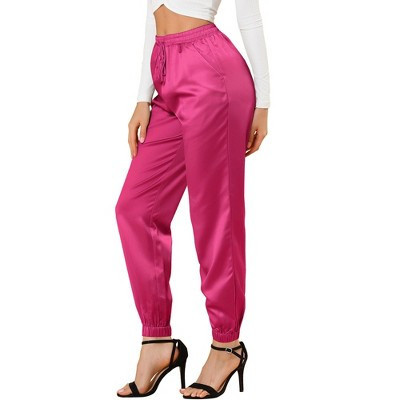 Allegra K Women's Drawstring Elastic Waist Ankle Length Satin Joggers with Pocket Hot Pink Small | Target