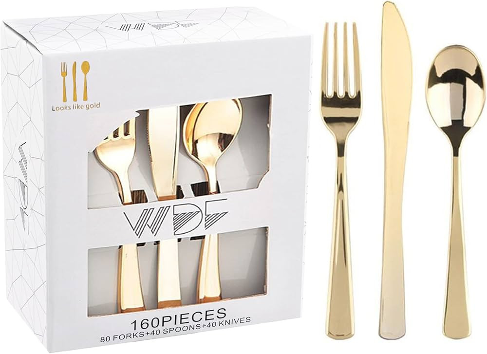 WDF 160 Piece Gold Plastic Silverware - Heavy Duty Gold Silverware Includes 80 Gold Forks, 40 Gol... | Amazon (US)