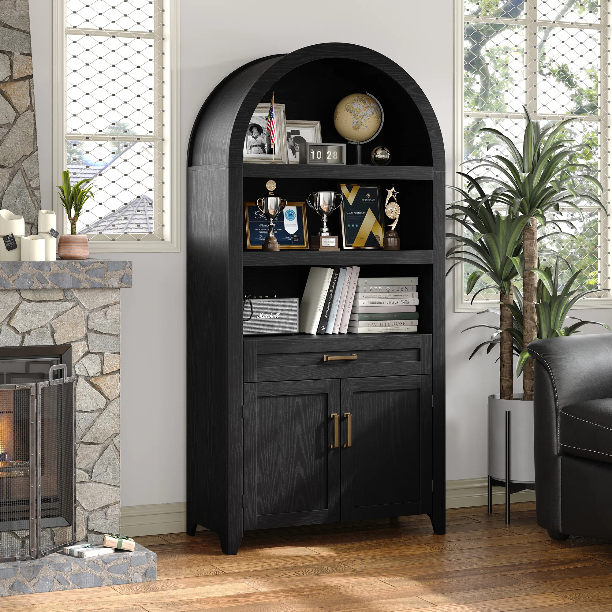 Lark Manor™ 65" Tall Arched Storage Bookcase with Adjustable Shelves,Arched Cabinet with Drawer... | Wayfair North America