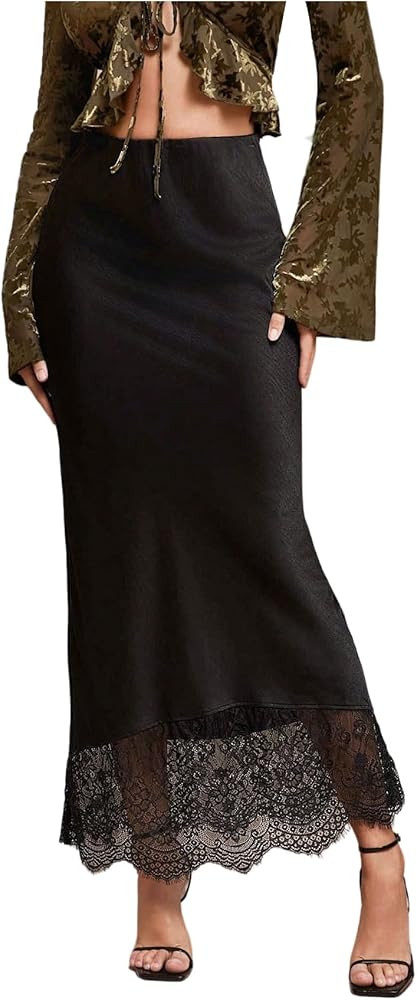 MakeMeChic Women's Satin Lace Maxi Skirt Silk High Waist Fishtail Long Skirts | Amazon (US)