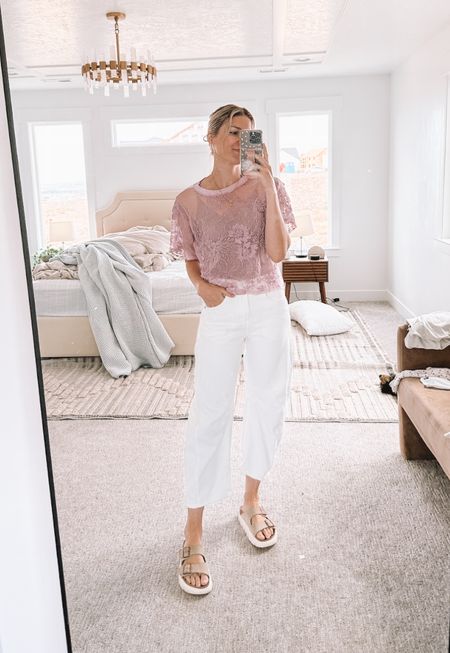 summer outfit • barrel jeans from amazon that aren’t super barreled (wearing XS) • cutest lace top that comes in other colors too (wearing small) • favorite Birkenstock sandals from last year but that platform makes them extra cute!

#LTKStyleTip #LTKShoeCrush #LTKSeasonal