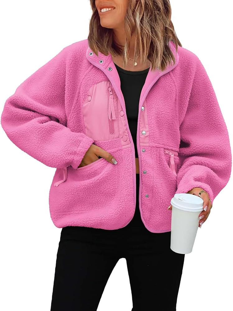 ReachMe Womens Sherpa Jacket Casual Lapel Button Down Cropped Fuzzy Fleece Jackets Long Sleeve Wi... | Amazon (US)