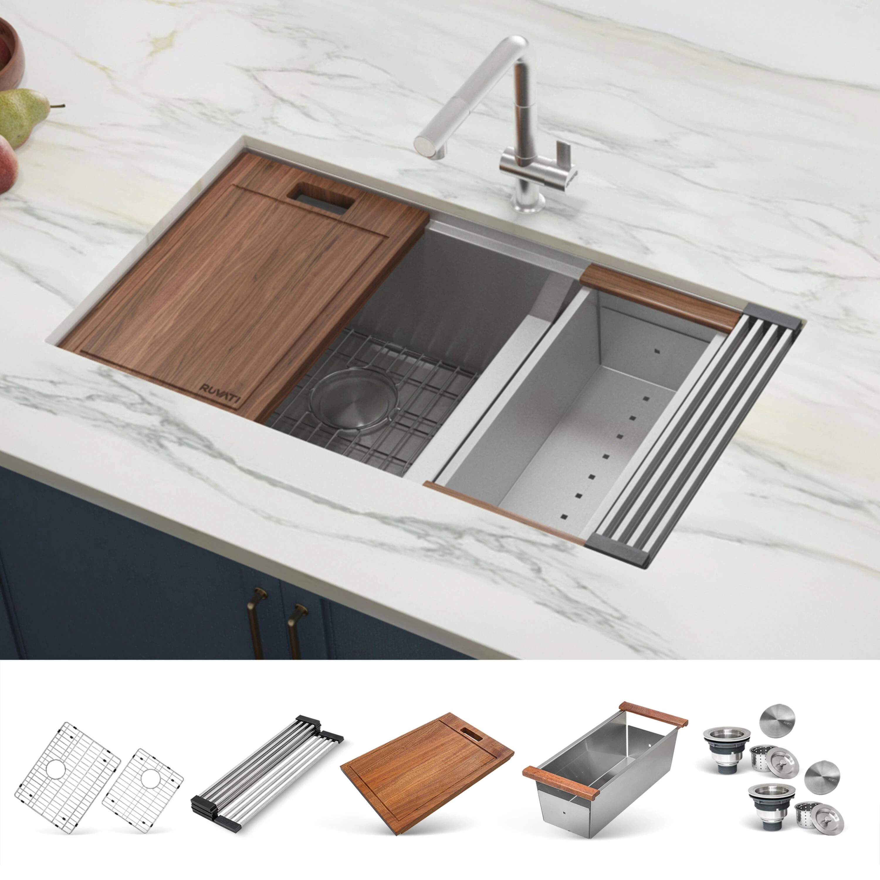 Ruvati Roma Undermount 36-in x 19-in Stainless steel Double offset bowl 16 -Gauge Workstation Kitchen Sink one_size | RVH8359 | Lowe's