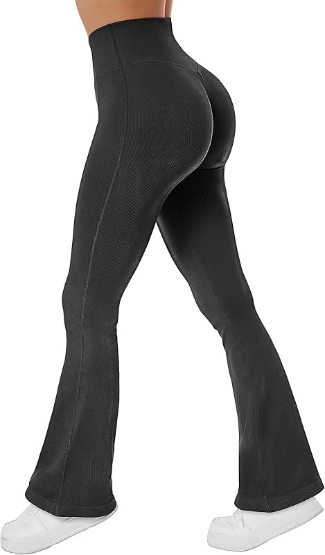 MOSHENGQI Women Ribbed Flare Leggings Seamless High Waist Bootcut Yoga Pants | Amazon (US)