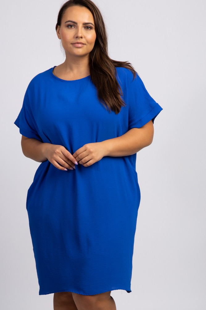 Royal Blue Solid Short Sleeve Plus Dress | PinkBlush Maternity