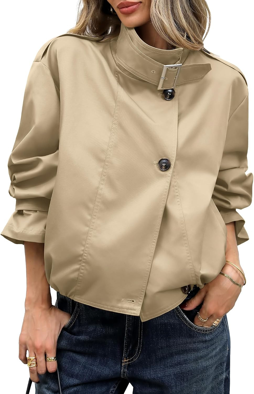 ELLEVEN Women's Funnel Neck Cropped Trench Coat, Vintage Crop Jackets | Amazon (US)