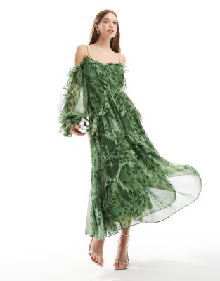 ASOS DESIGN ruffle midi dress with open sleeves and ties in green floral print | ASOS (Global)