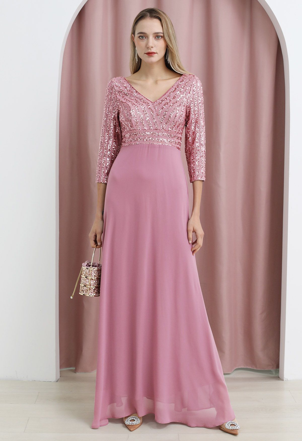 Exquisite Sequin V-Neck Chiffon Maxi Gown in Dusty Pink | Chicwish