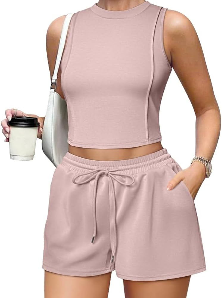 OQQ Two Piece Sets for Women Summer Outfits Lounge Sets Crew Neck Tops Wide Leg Shorts Vacation T... | Amazon (US)
