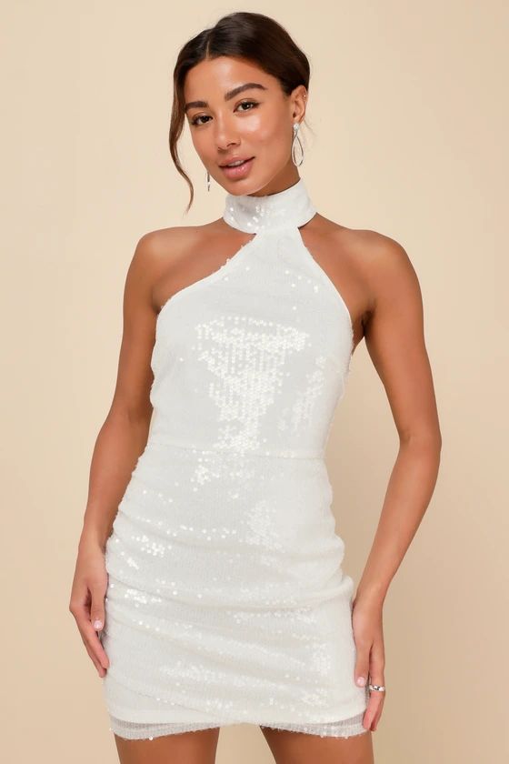 Sensational Purpose White Sequin Halter Tulip Mini Dress | Lulus