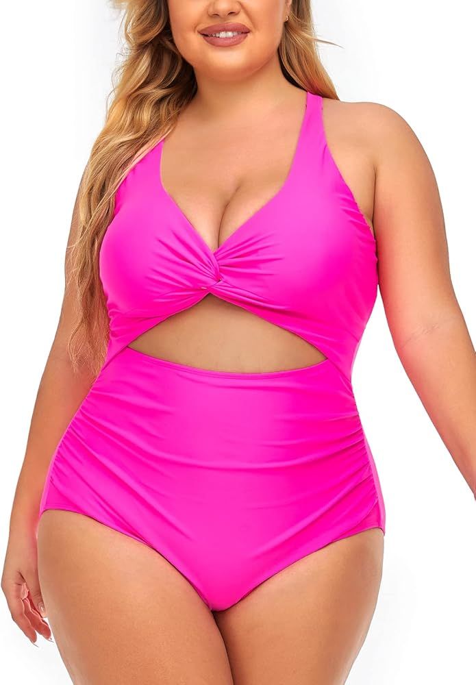 Summer Mae Plus Size Swimsuit for Women Cutout One Piece Ruched Monokini Tummy Control Bathing Su... | Amazon (US)