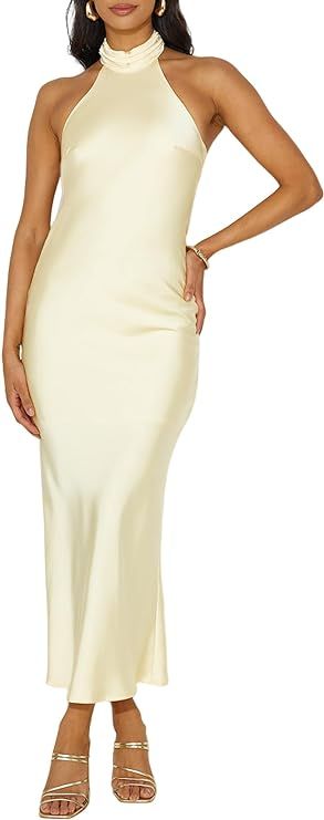 Sexy Satin Halter Neck Backless Maxi Dress for Women Elegant Tie Cowl Back Formal Wedding Guest D... | Amazon (US)