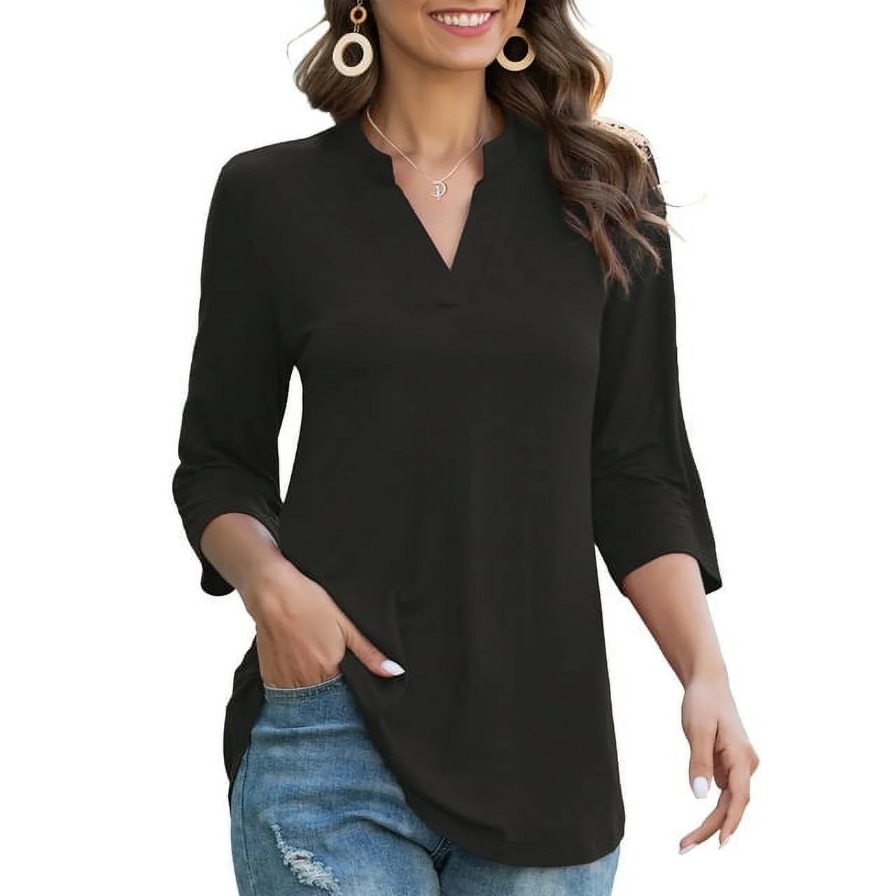 LETDIOSTO Womens Plus Size Shirts 3/4 Roll Sleeve V Neck Floral Flowy Blouses Tunic Tops - Walmar... | Walmart (US)