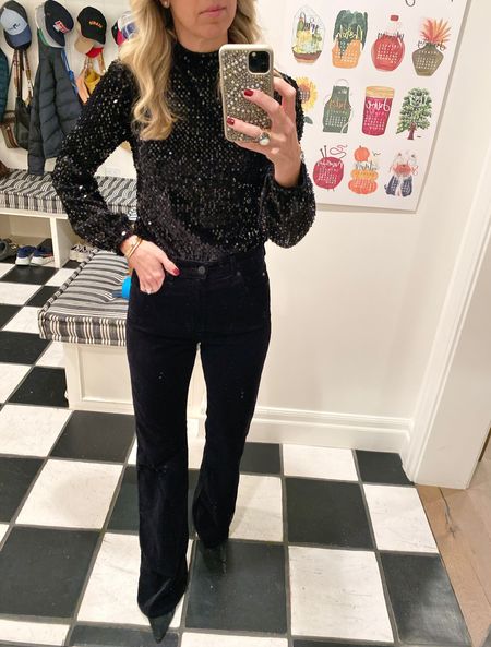 Holiday party outfit! Black velvet trouser style pants + long-sleeved black sequin top and black stiletto boots! We sided up one in the pants. Top is tts 🎄🥂

#LTKHoliday #LTKSeasonal #LTKsalealert