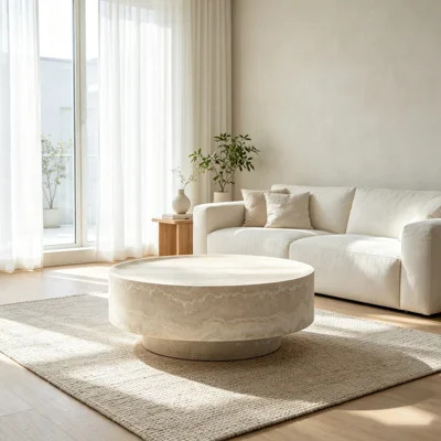 35.43 Inch Round Drum Coffee Table, Fiberglass Faux Marble Low Profile Coffee Table, Modern Minimalist Accent Table for Living Room | Wayfair North America