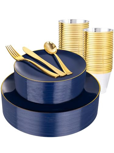 WDF 150pcs Blue plastic Plates - Navy Blue Plates Disposable - 25guest Disposable Dinnerware Sets for Hanukkah/Party/Wedding/Birthday | Amazon (US)