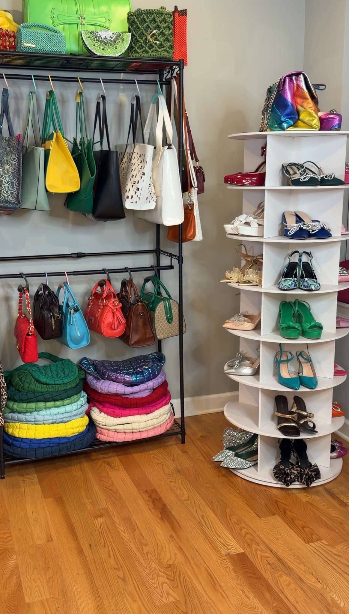 360 Spinning Shoe Rack and Bag organizer from Amazon. And some of the shoes displayed on my shoe rack from Amazon.