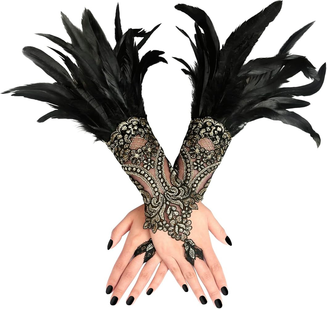 HOMELEX Women Black Lace Feather Gloves Witch Angel Costume Accessories Swan Wings Wrist Bands | Amazon (US)