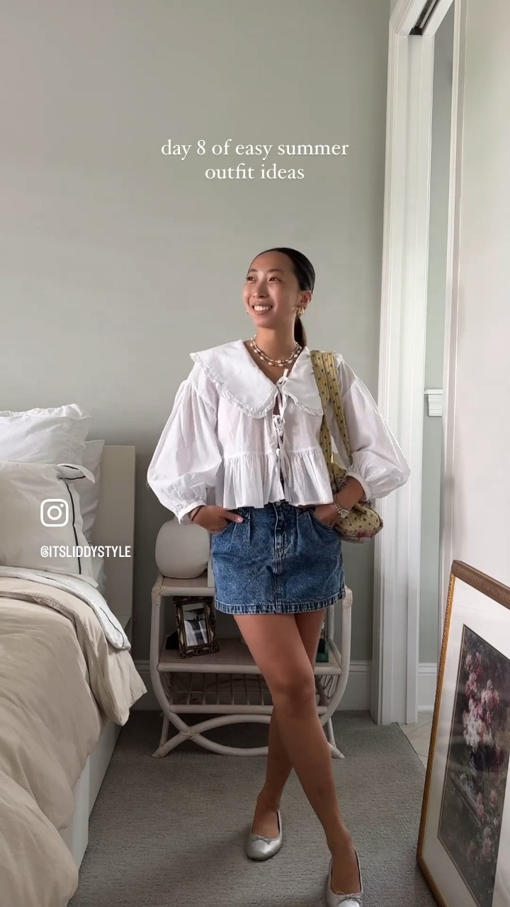Itsliddystyle wearing H&M long sleeve top with bib collar (size xs). abercrombie Denim skirt (size 25). Silver flats. Summer outfit. Denim skirt outfit. 

#LTKStyleTip #LTKVideo #LTKFindsUnder50