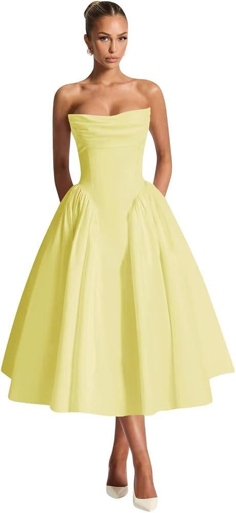 Strapless Satin Prom Dresses for Women Tea Length A-Line Ruched Formal Evening Party Gown | Amazon (US)