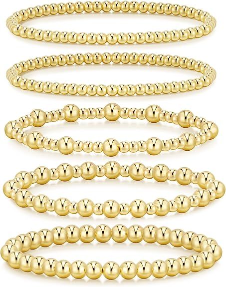 adoyi Gold Bracelets for Women, 14K Gold Plated Beaded Bracelets Gold Stretch Bead Ball Bracelet ... | Amazon (US)