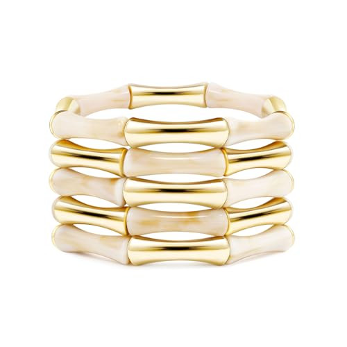 Gold Tube Bangle Bracelets for Women Stackable Bamboo Chunky Acrylic Beads Stretch Friendship Summer Beach Bracelet Jewelry | Amazon (US)