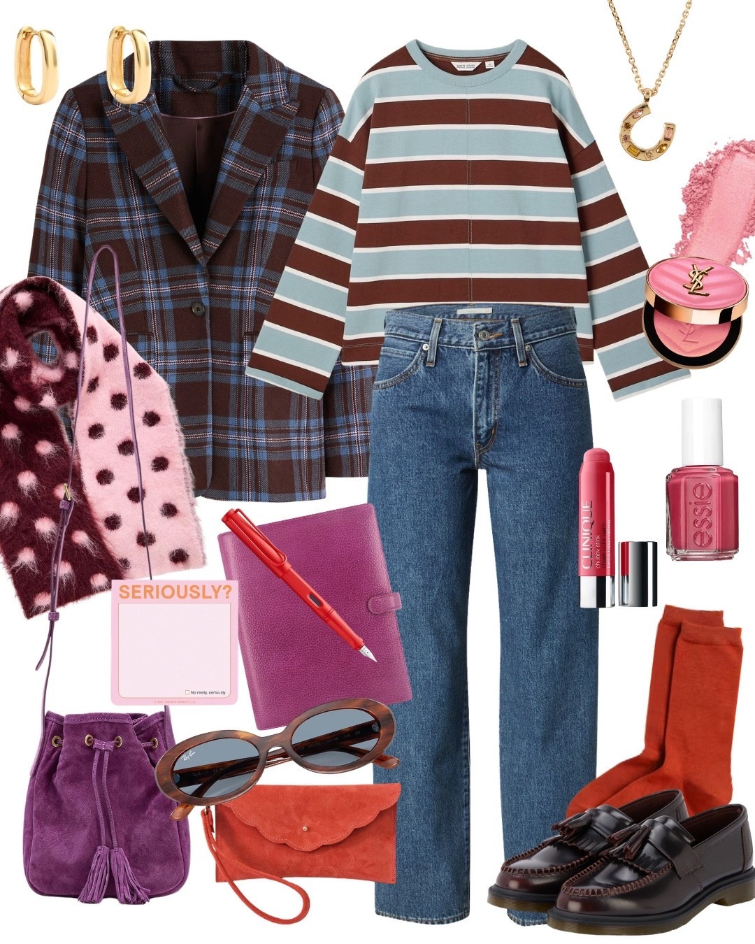 Mustermix in Herbstfarben mit Dopamin Kick! Karierte Blazer sind SEHR Herbst für mich, die angesagten Loafer passen perfekt zum College Professor oder Grandpa Look und mit Polka Dots und Streifen kombiniert ist der Look modern, ein Eyecatcher und gute Laune Booster! 
Rote Socken und bunte Accessoires machen das Herbst Outfit noch besonderer, wenn euch das zu bunt ist, würde ich hellblaue Socken und eine Tasche in hellblau oder braun wählen.

#LTKdeutschland #LTKFashionMonth #LTKautumn