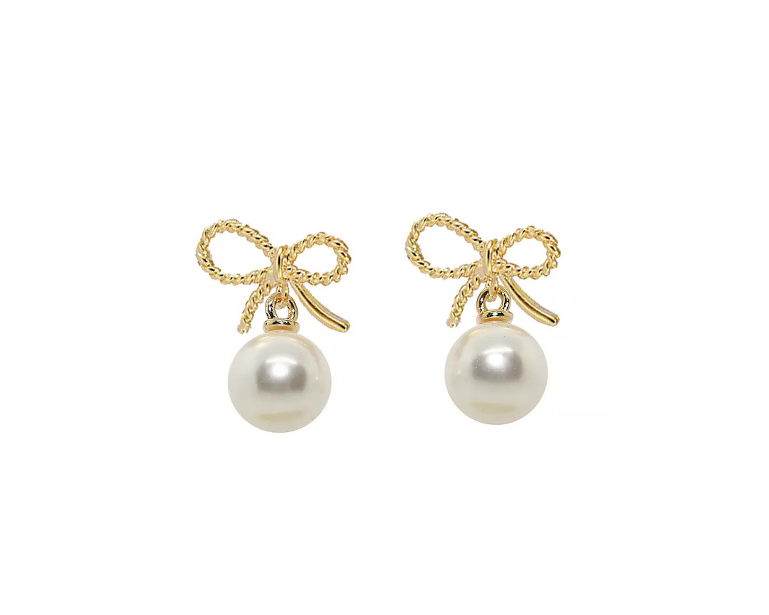 Gold Bow Earrings Pearl Dangle Earrings Pearl Drop Earrings - Etsy | Etsy (US)