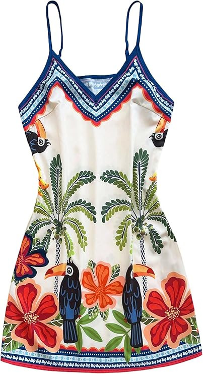 GORGLITTER Women's Graphic Tropical Vacation Dresses Spaghetti Strap V Neck Boho Beach Cami Short... | Amazon (US)