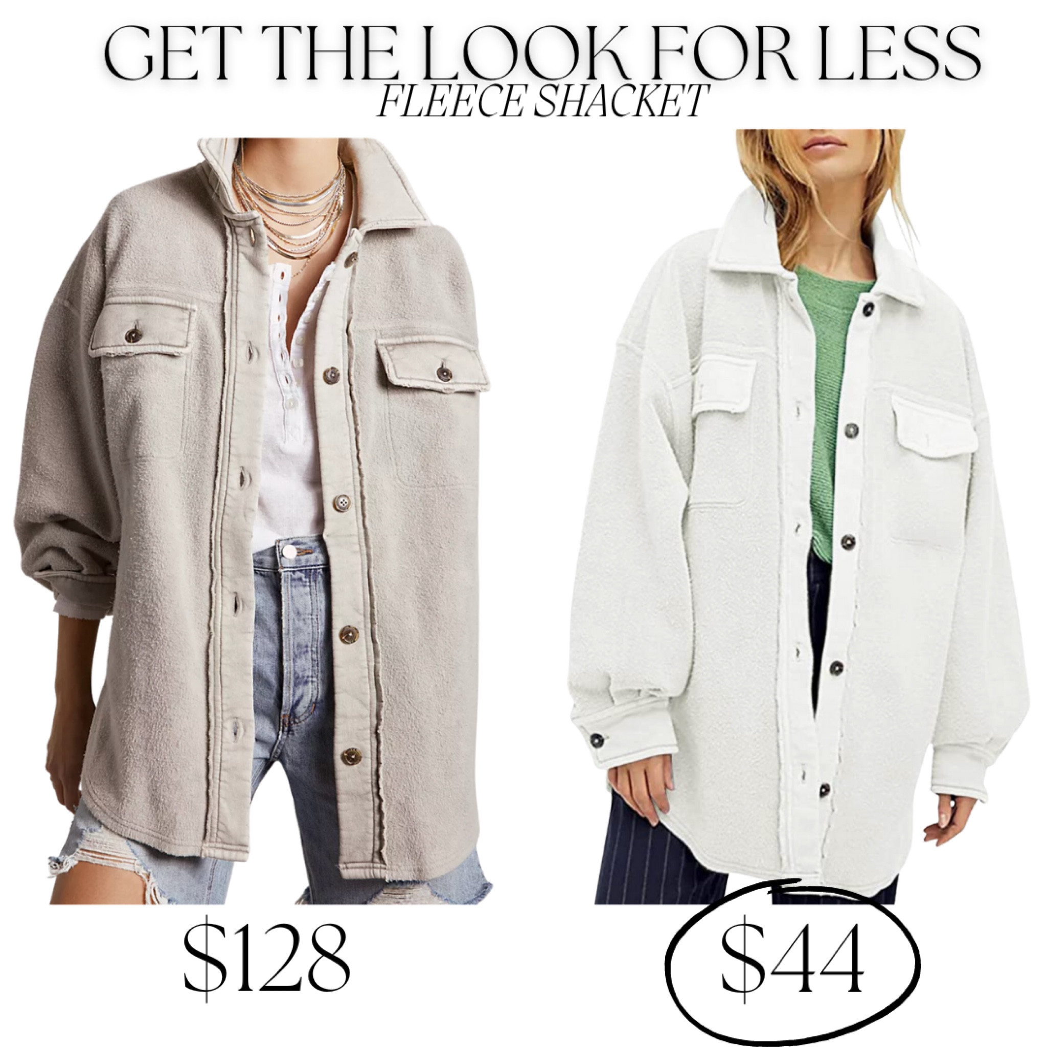 Get the look for less! This fleece jacket is a great affordable option compared to others in the market! In love with all the colors they offer. This is a great fall staple item! 


Fleece shacket, free people shacket, fall outerwear, fall clothes, fleece jacket, fall style, fall fashion, Sherpa jacket, Sherpa shacket 

#LTKstyletip #LTKSeasonal #LTKunder100