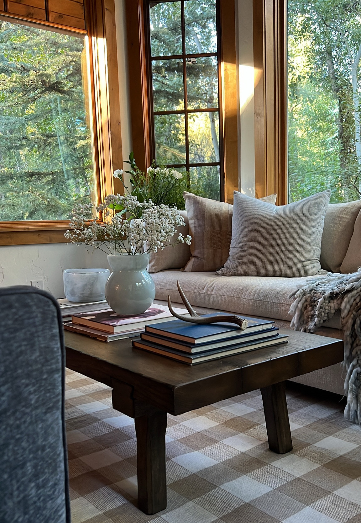 Cozy sitting room perfect for reading a book or hosting a cocktail hour! Bench cushion sofa, coffee tables, swivel chairs, coffee table books, vase, side table, area rug, blanket. Westelm, restoration hardware, mcgee and co 

#LTKunder50 #LTKunder100 #LTKhome