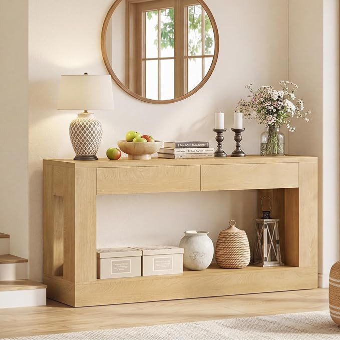 63" Long Console Table with 2 Drawers, Farmhouse Sofa Table with Thickened Legs, Entryway Table f... | Amazon (US)