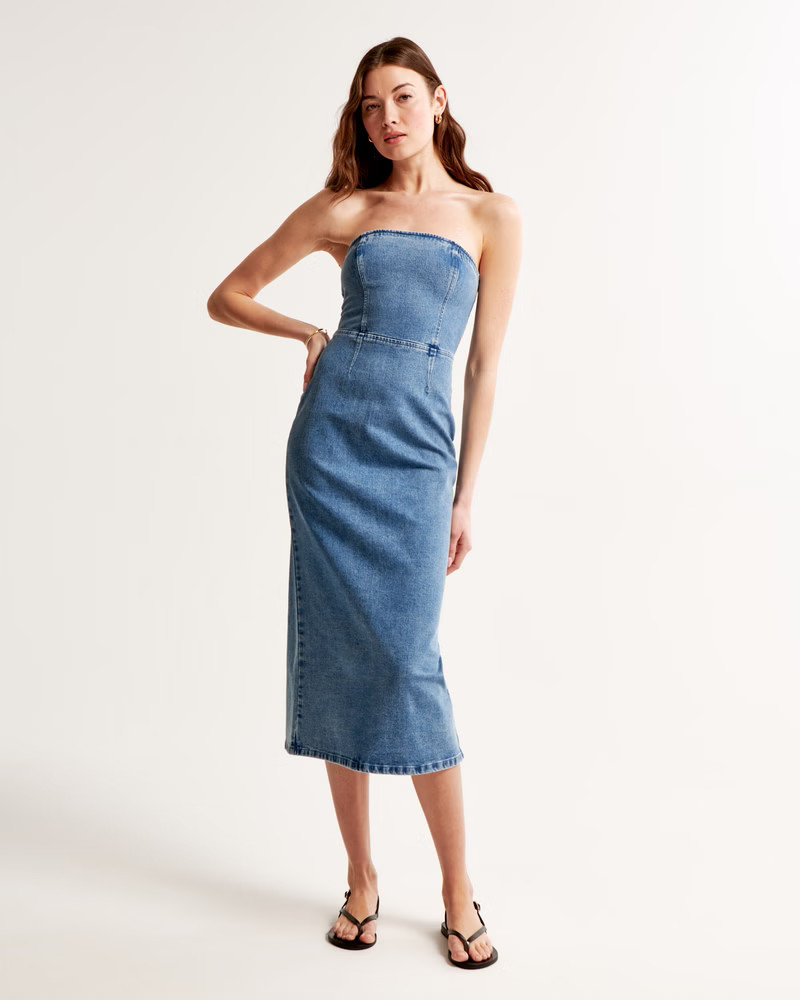 Women's Strapless Denim Midi Dress | Women's Dresses & Jumpsuits | Abercrombie.com | Abercrombie & Fitch (US)