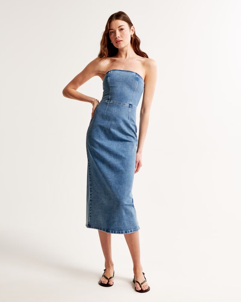 Women's Strapless Denim Midi Dress | Women's Dresses & Jumpsuits | Abercrombie.com | Abercrombie & Fitch (US)