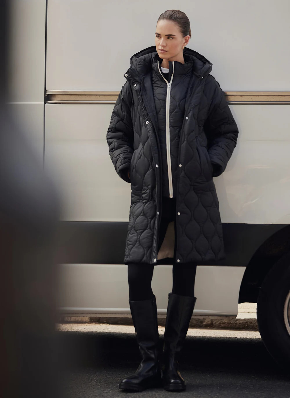 Black Double Layer Quilted Coat | Mint Velvet