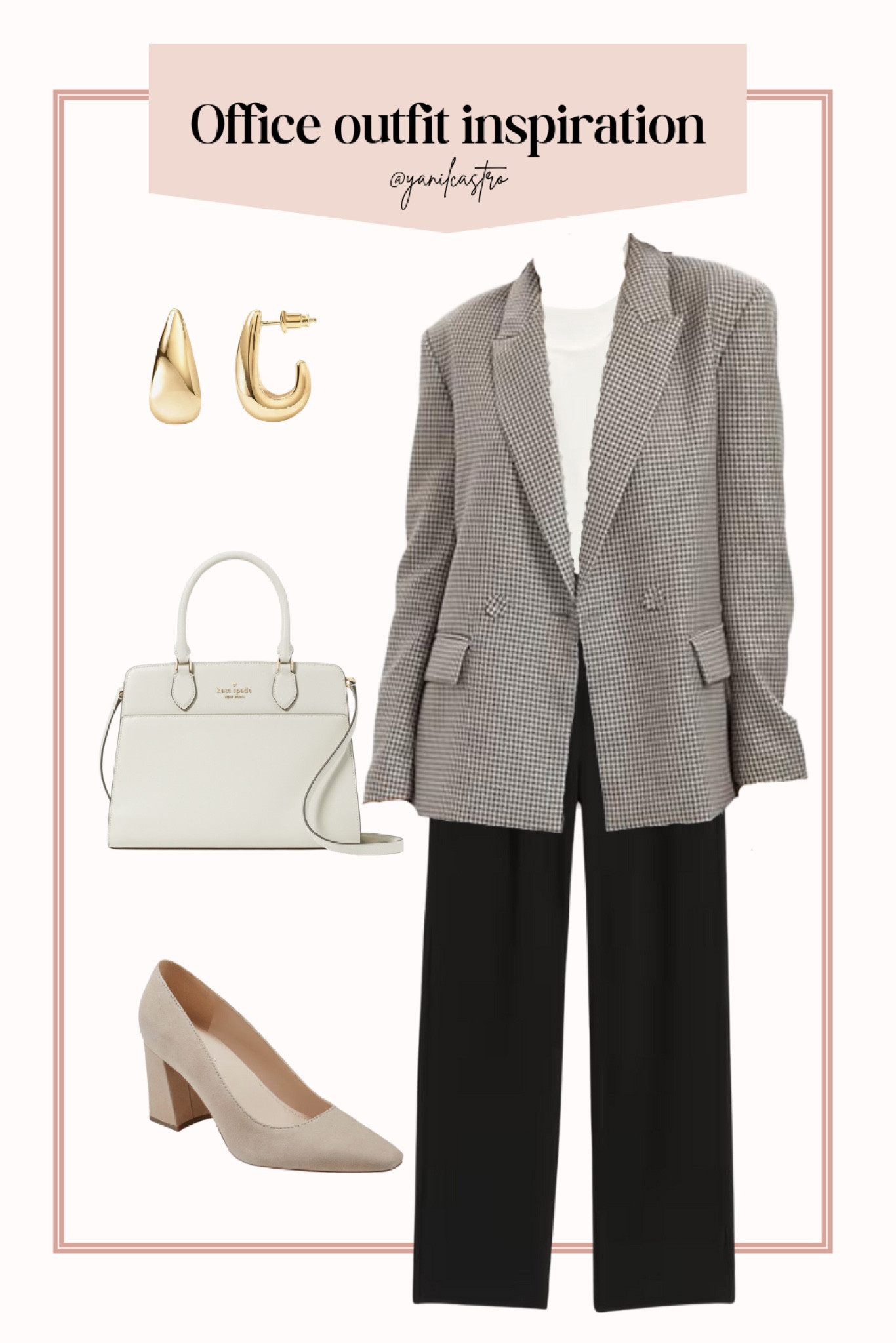 Workwear Office Outfit inspiration 

Plaid Blazer, black trousers, nude bodysuit, gold earrings, nude pumps, white kate spade 

#LTKfindsunder100 #LTKfindsunder50 #LTKstyletip