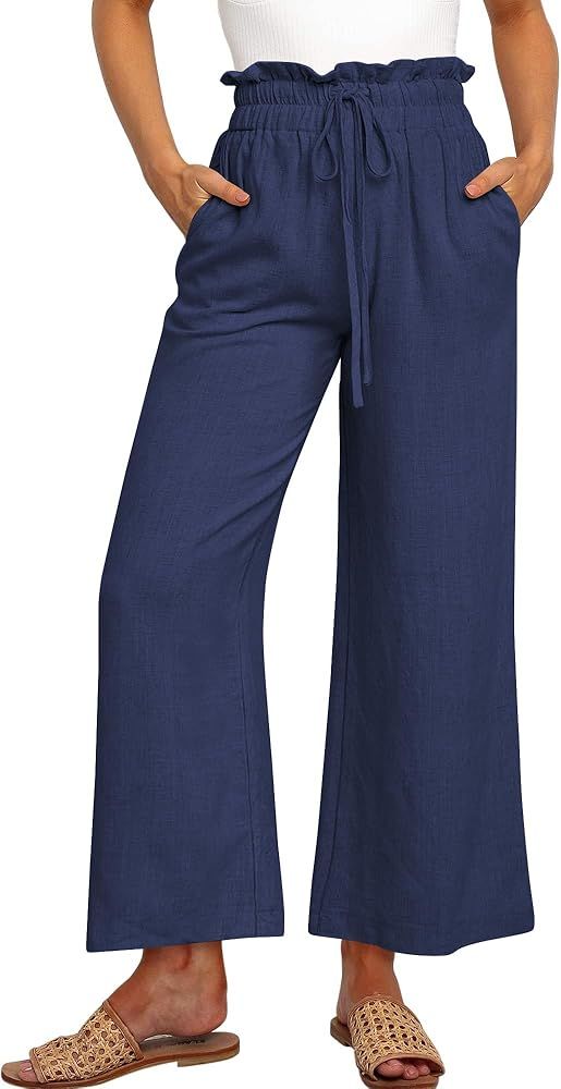 UEU Women's Linen Pants Summer Wide Leg Casual Loose High Waist Drawstring Capri Palazzo Pants Tr... | Amazon (US)